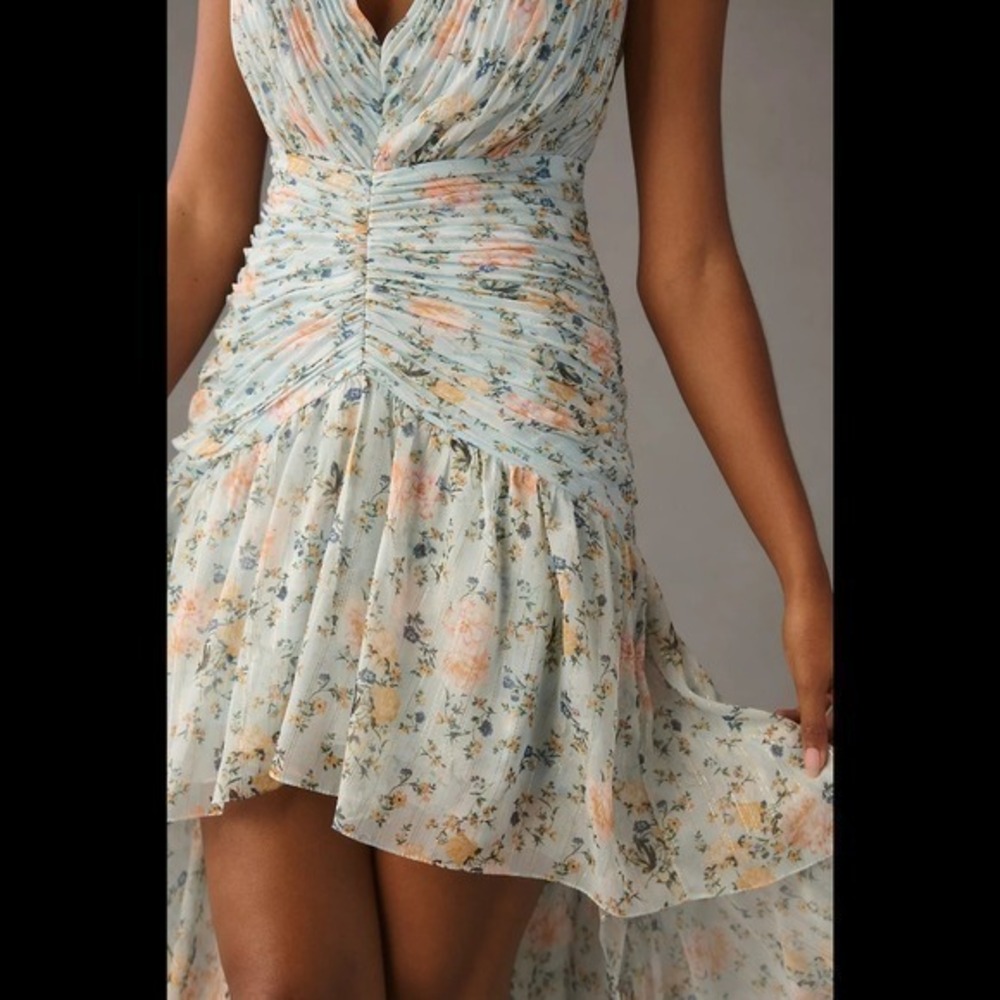 $398 Mac Duggal Size 4 Light Blue Floral Ruched Cap Sleeve High‎ Low Gown Dress - Picture 3 of 5